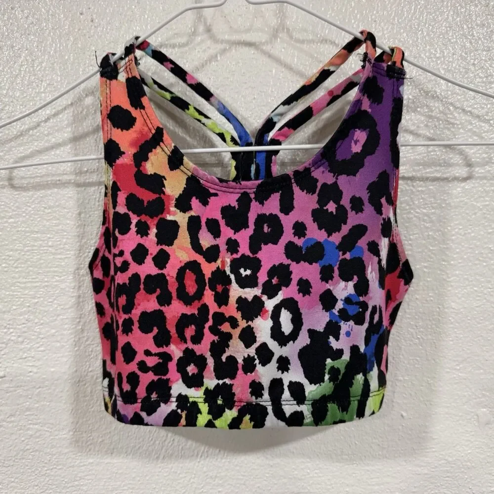 Rainbow Leopard Print Sports Bra Crop Top Criss Cross Back Athletic Neon